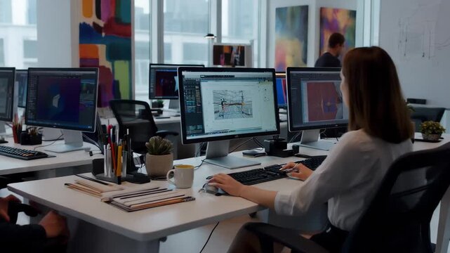 Office workers use computers to collaborate on design projects in a modern workspace during the day