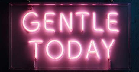 Pink neon sign displays words Gentle Today. Dark background emphasizes glowing text. Simple, modern aesthetic. Minimalist design.