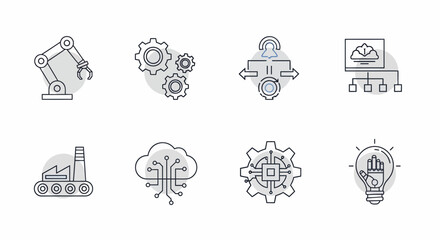 Industrial technology and innovation icons representing automation and digital transformation.