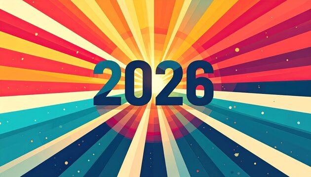 Bold 2026 number on a vibrant, colorful retro sunburst background, symbolizing energy and optimism for the New Year. Dynamic 2026 graphic with radiating stripes.