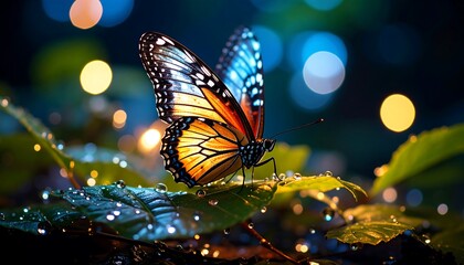 A close-up showcases a vibrant butterfly atop a wet leaf, with bokeh lights as a soft, out-of-focus background