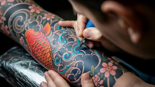 Male tattoo artist applying an intricate koi fish and cherry blossom design on a customers arm during a tattooing session.