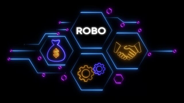Neon Robo Financial Technology Concept with Money Bag Gears and Handshake on Hexagonal Network Background
