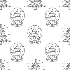 Doodle pattern of Christmas glass snow globes with christmas tree in black and white style