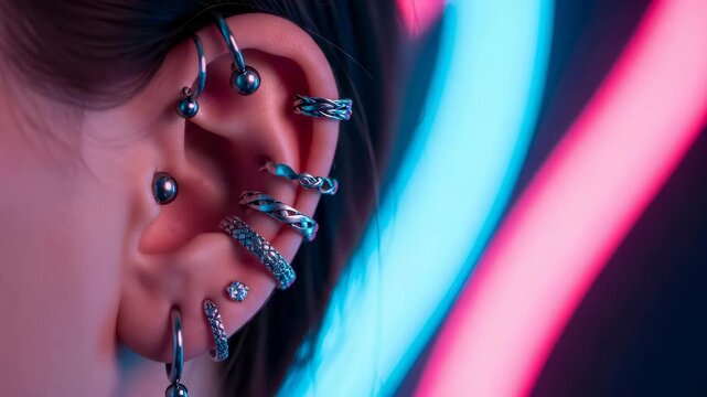 Woman with multiple ear piercings and a large hoop earring against a neon light backdrop for a modern aesthetic