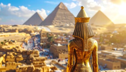 A golden statue of an ancient figure faces the iconic pyramids on a sunny day. People are seen exploring the ancient site