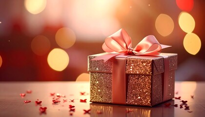 A glittery gift box with a pink ribbon sits on a table. Tiny heart confetti and bokeh lights enhance the romantic scene