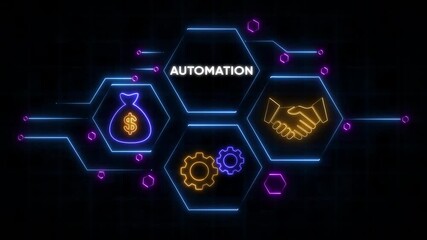 Automation concept with glowing neon hexagons and representing business efficiency and financial growth
