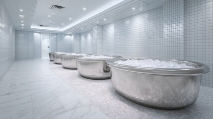 Row of ice baths in modern spa room. Empty white tiled wellness center with stainless steel tubs filled with ice, cryotherapy and recovery treatment concept.