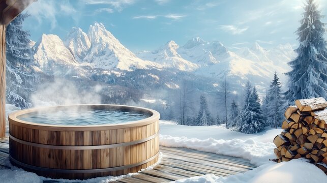 Wooden hot tub steaming on snowy mountain terrace. Round spa tub on deck with firewood stack, winter forest and alpine peaks, outdoor wellness and winter vacation.