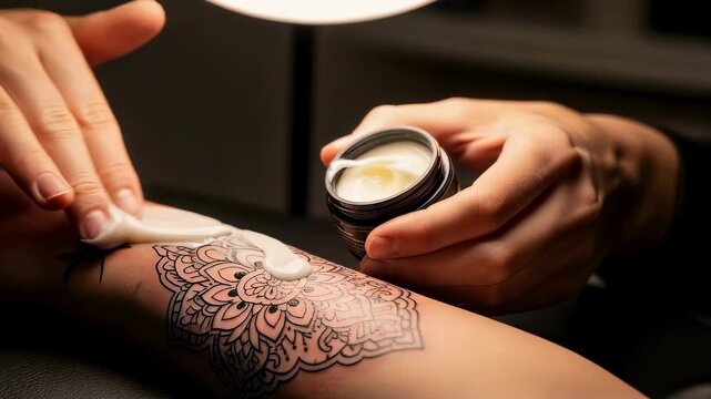 Woman applies healing ointment to a fresh mandala tattoo on her forearm, highlighting aftercare for new body art.