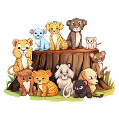 Group of Animals Resting near Log Illustration