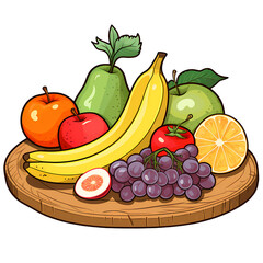 Assorted Fruits on Wooden Board Cartoon