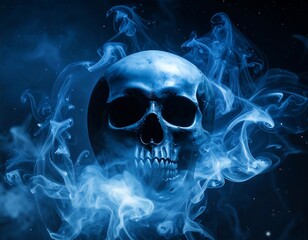 A spectral human skull emerges from swirling blue smoke against a dark background, evoking mystery and the supernatural