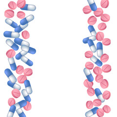 Painkiller pills medical vector illustration. Capsule drugs and tablets isolated elements. Blue white and pink pills, first aid treatment or vitamins. Medicine tablets concept.