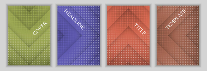 Dotted texture and arrow stripes background corporate cover page layout batch. Minimalist brochures vector design. Contemporary catalog front pages. Advertisement banners set.