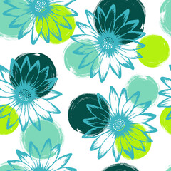 Chrysanthemum bright summer repeat rapport. Camomile daisy blossom over circles background. Doodle garden flowerheads linen pattern. Subtle botanical rapport.