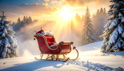 A vibrant, snow-covered landscape with a red sleigh, bright sunlight streaming through the trees