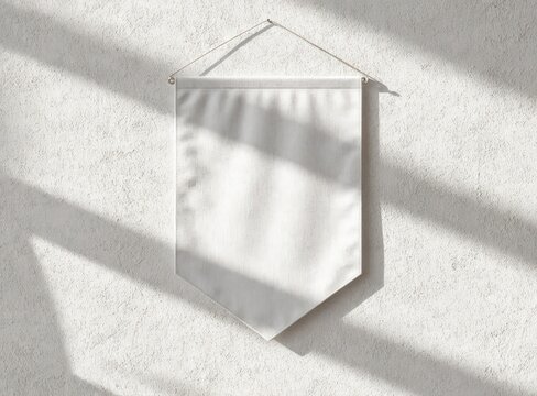 Blank white rectangle pennant mock up, isolated, 3d rendering. Clear penant hanging on wall mockup, front view. Empty flag template