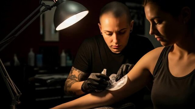 Female tattoo artist applying stencil to womans arm then preparing and starting to ink a design. Tattooing process and body art concept.