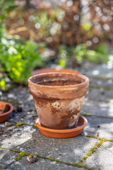 Empty weathered clay flowerpot on garden stone pavement.