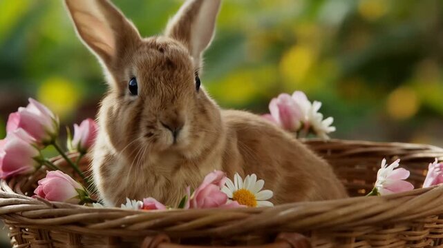 Rabbit sitting in a basket surrounded by flowers at a garden during springtime