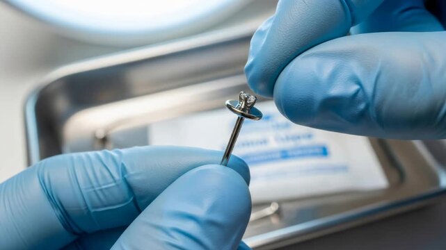 Professional technician in blue gloves preparing sterile piercing needle for body modification, concept of safe piercing and body art