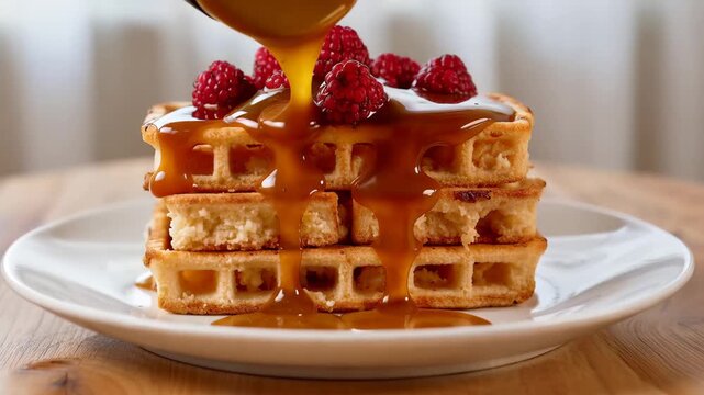 Delicious waffles topped with syrup and fresh raspberries served on a plate