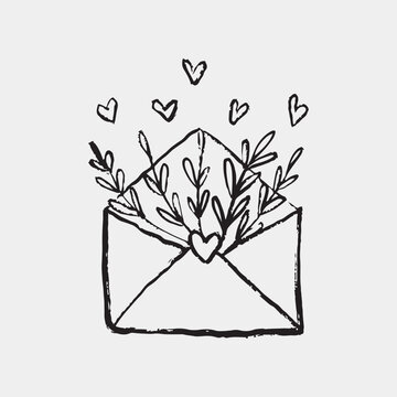 Hand drawn open envelope with hearts and floral branches. Valentines day. Vector sketch illustration in vintage crayon charcoal style