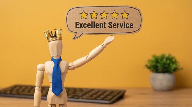 A wooden mannequin wearing a crown and blue tie holding a speech bubble with five stars and excellent service text on a wooden table
