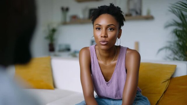 person sits comfortably on a modern white sofa in a bright, airy living room, leaning slightly forward with a warm, attentive smile as they engage in a calm conversation with som