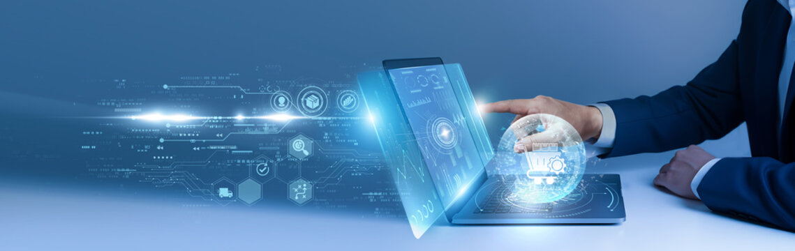 Businessman using laptop and analyze the procurement management system on digital interface. supply chain control, vendor analysis, purchasing strategy, operational efficiency, business process