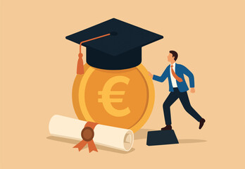Education cost, tuition or scholarship, money for university or graduation, school expense or student debt, college diploma concept, Euro money coin with mortarboard graduation cap and certificate.