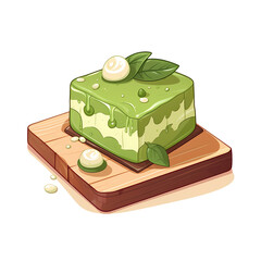 Exquisite matcha cake on wooden board
