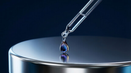Close-up of a pipette dripping a colorful liquid onto a metallic surface