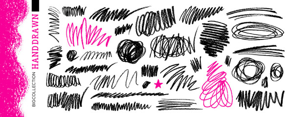 Marker messy scribble set. Line pen marker doodle scribble. Messy squiggle with pencil, crayon, brush texture. Expressive sketch bg. Handwriting paint element. Grunge charcoal mark vector. Rough art