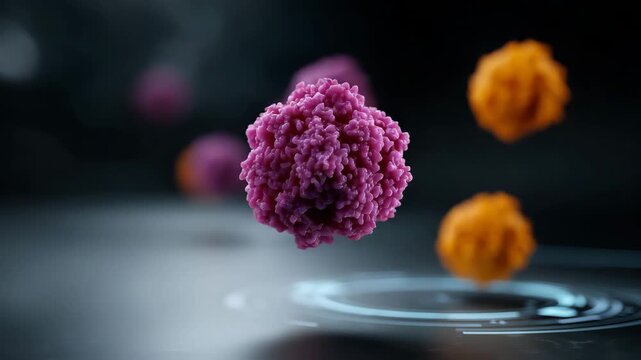 microscopic virus-like particles floating in a futuristic digital environment. The scene shows spherical molecular structures with com