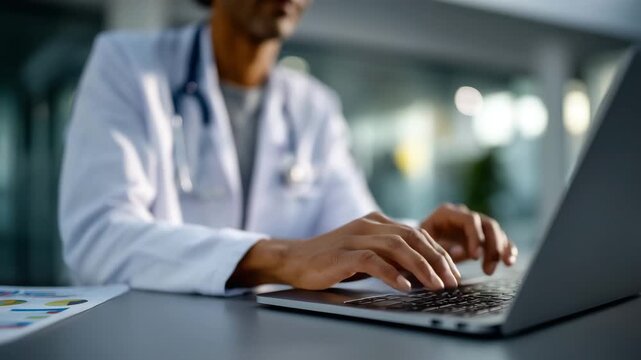 A medical professional in a crisp white lab coat types on a laptop at a clean, well-organized desk, with only their hands and torso visible in the frame. Soft natural daylight ente
