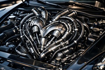 High performance car engine featuring heart shaped mechanical design symbolizing power engineering precision innovation and emotional automotive technology concept