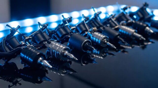 Various tattoo machines arranged on a reflective surface with bright blue light. Tattoo artist equipment for body art and studio use.