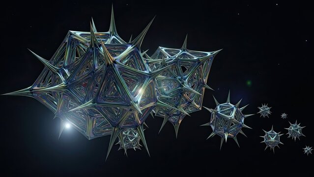 Futuristic spiked geometric structures resembling alien crystalline forms in deep space
