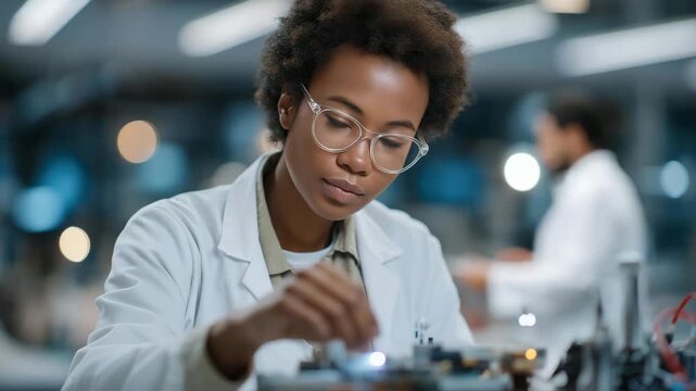 A scientist fine-tuning a lab prototype of a medical sensor, checking microelectronics under a magnifying lens as LED indicators blink &mdash; medical device development, precision engineering, and