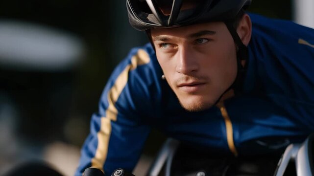 A wheelchair athlete gripping performance handlebars during a sprint, determination visible in every movement &mdash; adaptive sports, inclusivity in athletics, and peak physical strength. cinematic