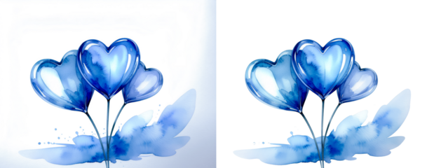 Watercolor blue heart balloons illustration. Hand-painted style bunch of floating hearts  Artistic clip art for baby shower, birthday cards, invitations, engagement save-the-dates, bridal shower. PNG