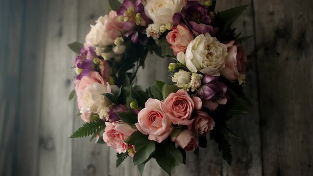 Beautiful floral wreath decorating a wooden wall with soft colors and different flower types
