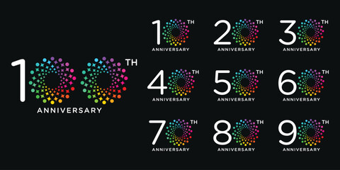 Set of collection 10 to 100 anniversary logo design, firework colorful for celebration happy new year and birthday logo graphic vector template