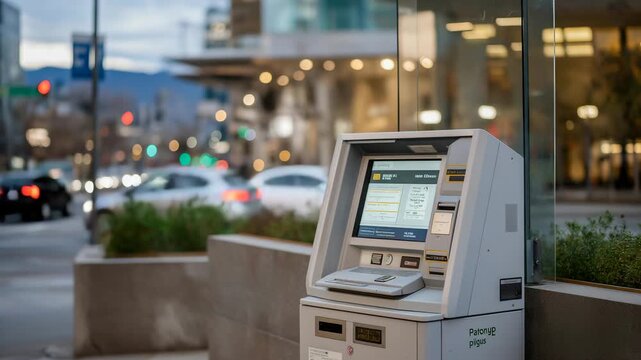 A parking structure kiosk processing digital payments, bright LED interface guiding drivers through license plate entry and receipt options &mdash; urban infrastructure technology, smart parking systems,