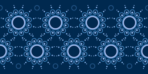 Geometrical magic seamless border. Blue gradient round elements on dark blue background. Geometrical floral seamless pattern. Fantasy dark cold pattern in shades of blue © Aqvatali
