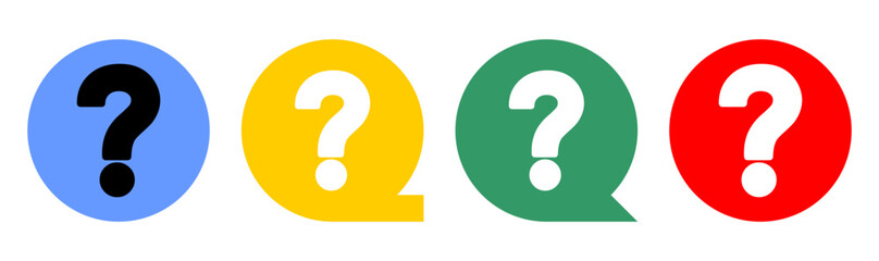 Vibrant Help Desk Query Icons Collection, Multicolor Question Mark Speech Bubbles Set, Four Ways to Ask Abstract Concept Icons