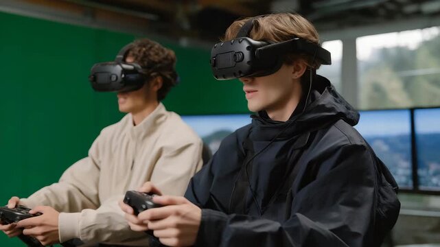 A VR accessibility tester using adaptive controllers to evaluate usability for players with mobility challenges, developers reviewing live feedback metrics &mdash; inclusive game design, accessibility